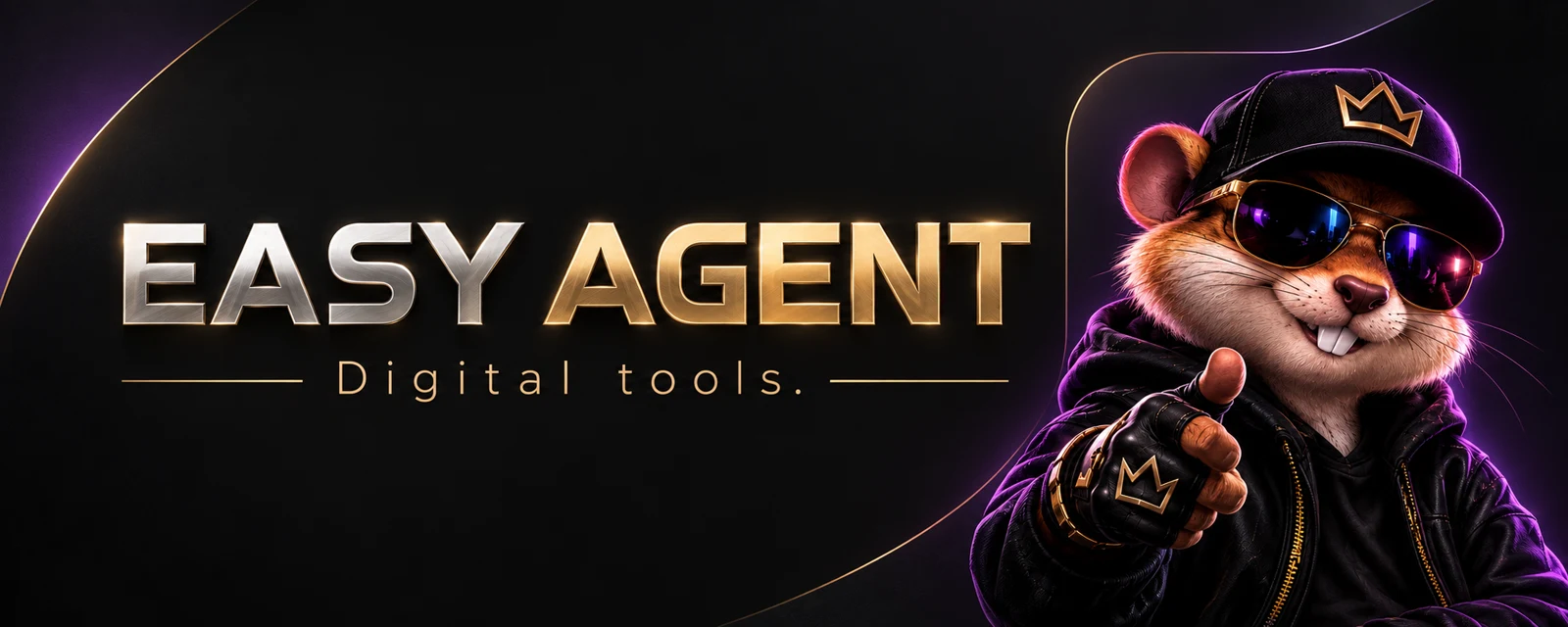 The Easy Agent crowned rodent mascot in a gold and violet city.